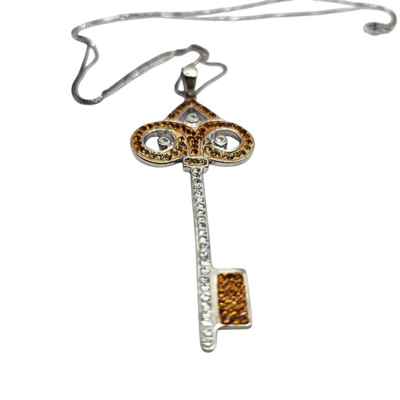 Sterling Silver 925 Key Pendant Necklace Swarovski Crystals 18" - Picture 6 of 16